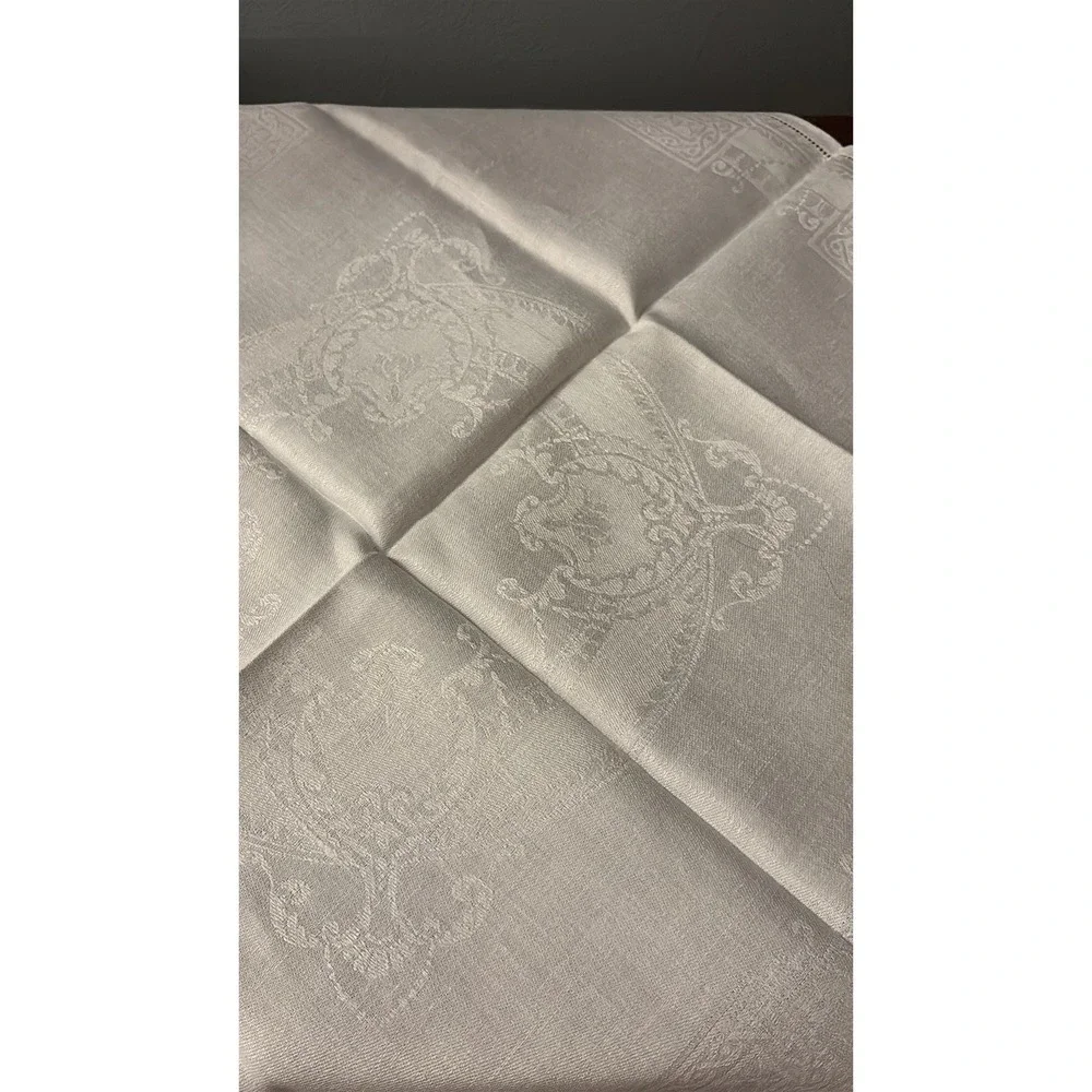 Vintage White Damask Napkins Hemstitched Fleur de Lis European Linen Set of 6